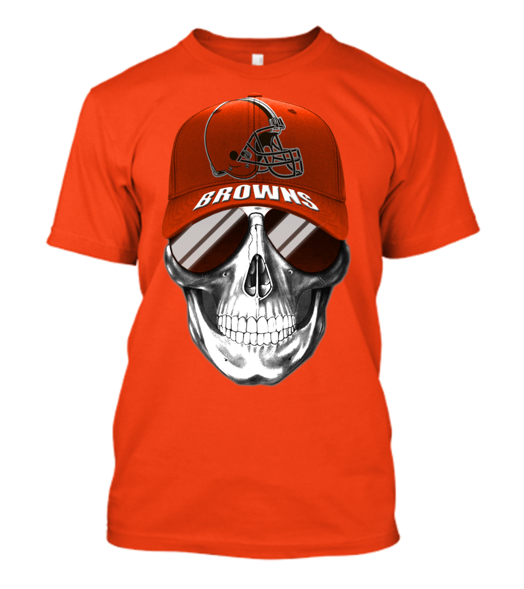 Cleveland Browns Skull Hat With Football Helmet Icon On Bright Orange T-Shirt