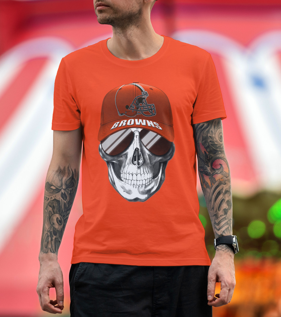 Cleveland Browns Skull Hat With Football Helmet Icon On Bright Orange T-Shirt