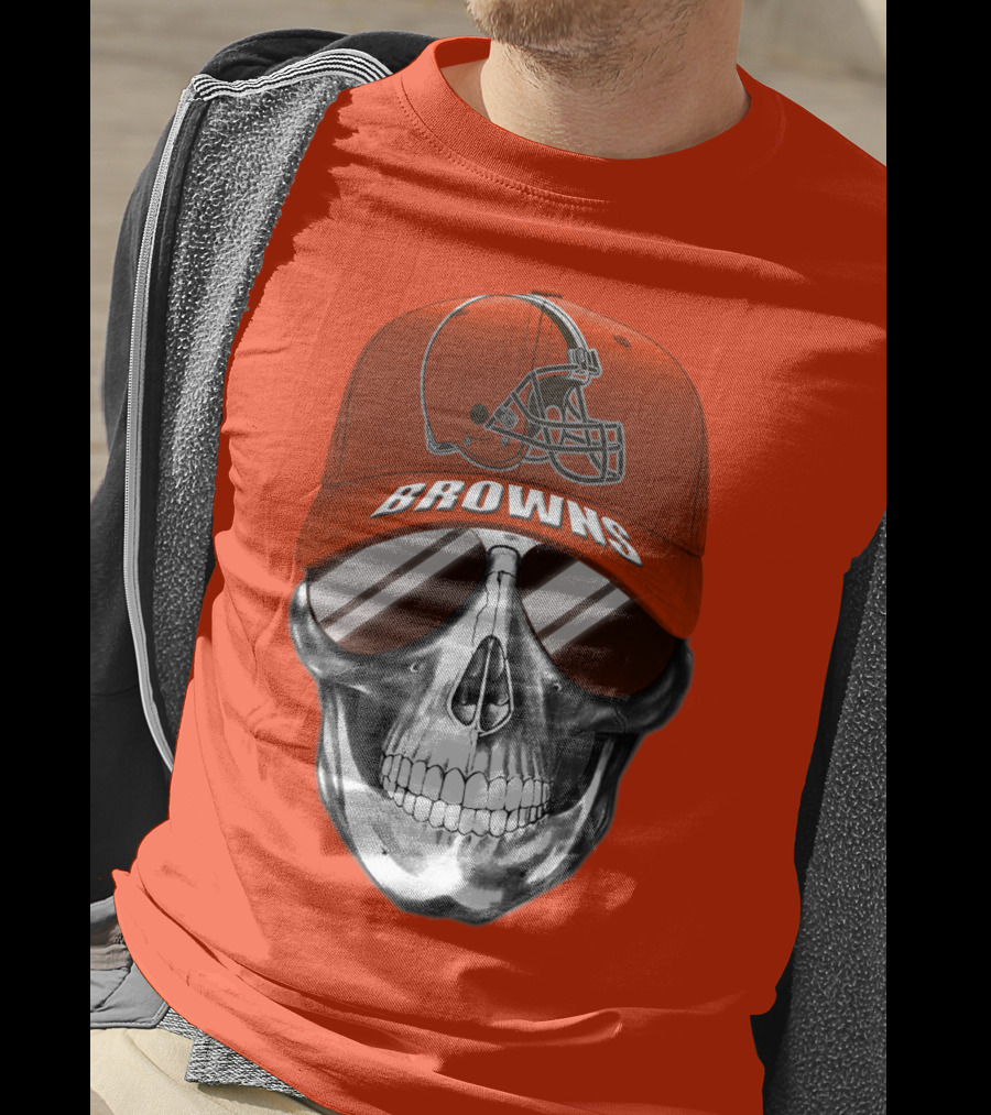 Cleveland Browns Skull Hat With Football Helmet Icon On Bright Orange T-Shirt