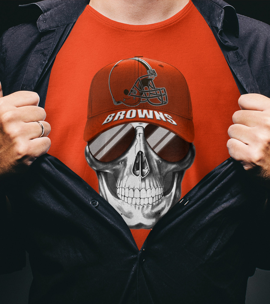 Cleveland Browns Skull Hat With Football Helmet Icon On Bright Orange T-Shirt