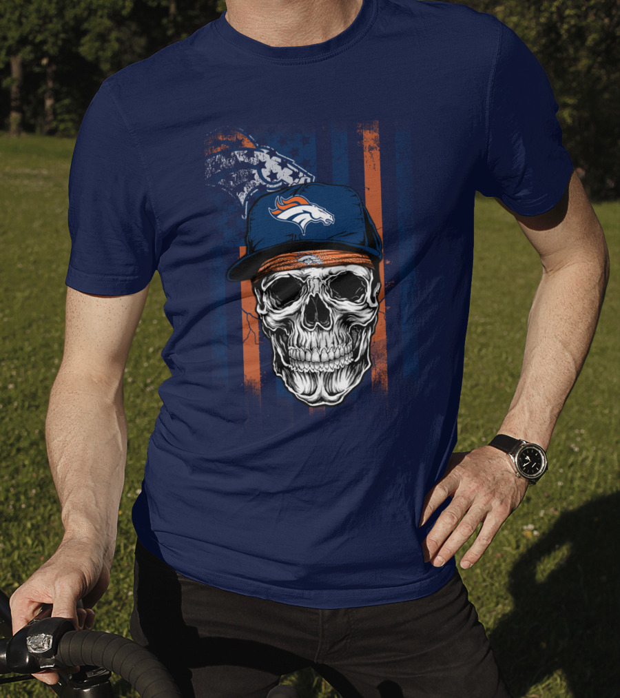 Denver Broncos Skull With Cap And Logo На Тёмно-Синем Фоне T-Shirt