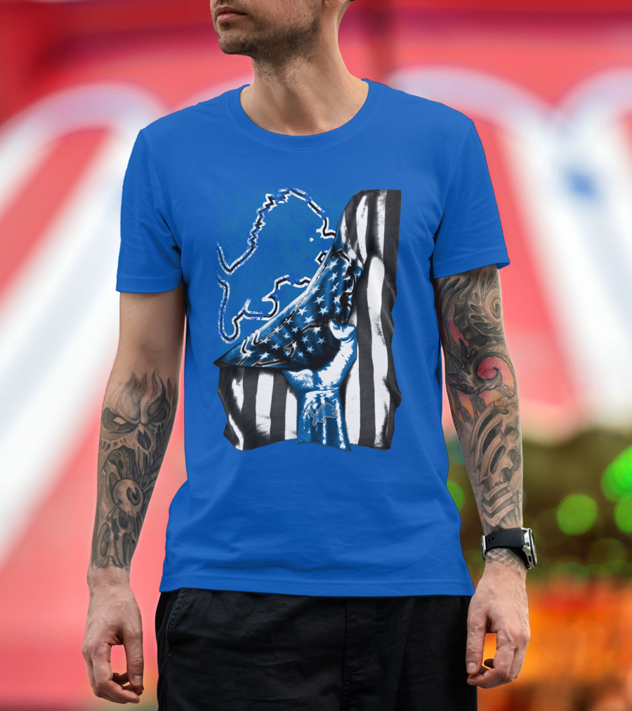 Detroit Lions Blue Lion Silhouette With American Flag Fist On Blue T-Shirt