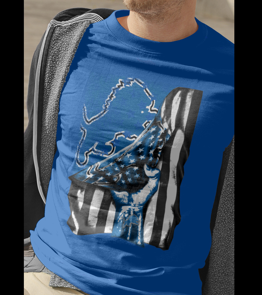 Detroit Lions Blue Lion Silhouette With American Flag Fist On Blue T-Shirt