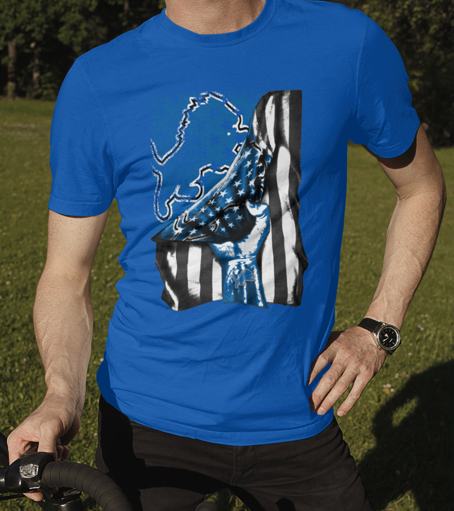 Detroit Lions Blue Lion Silhouette With American Flag Fist On Blue T-Shirt