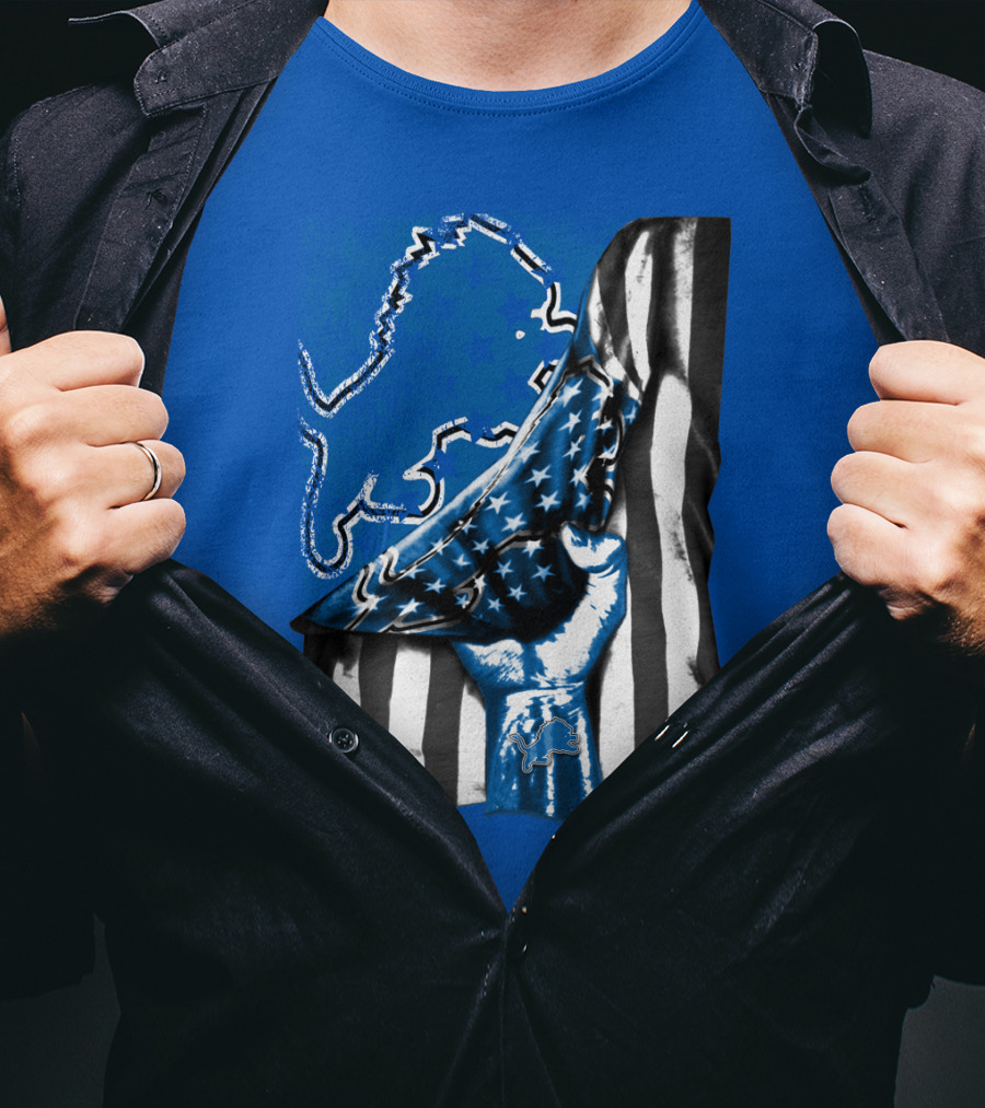 Detroit Lions Blue Lion Silhouette With American Flag Fist On Blue T-Shirt