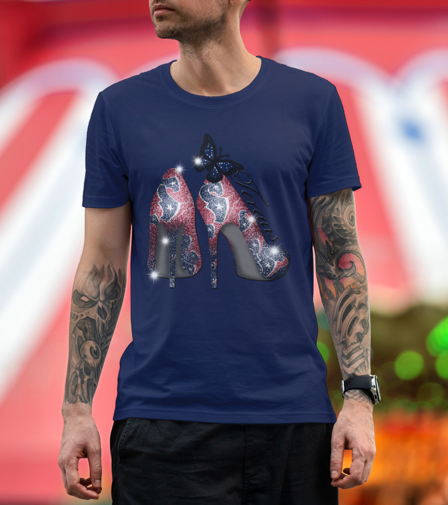 Texans High Heels With Butterfly Sparkle On Blue T-Shirt
