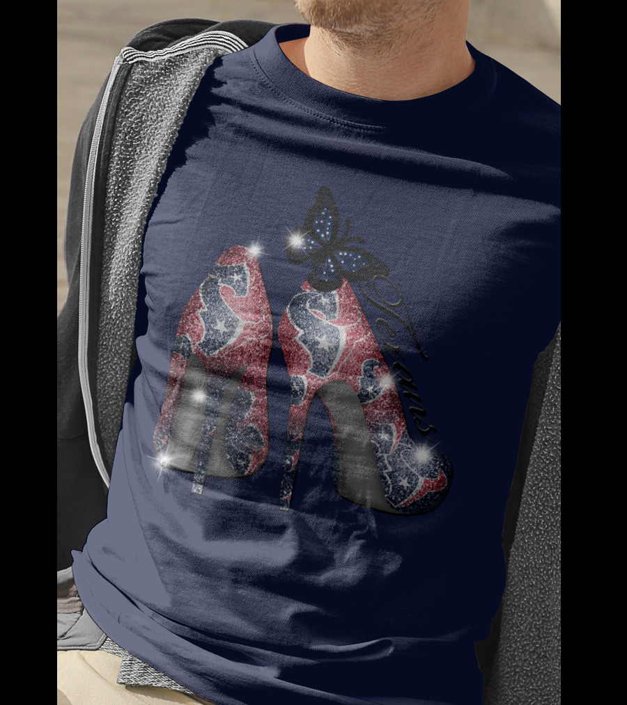 Texans High Heels With Butterfly Sparkle On Blue T-Shirt