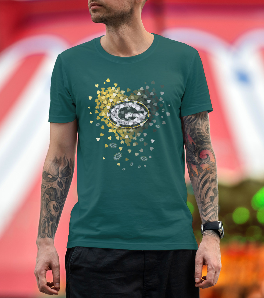 Green Bay Packers Heart Logo With Golden Hearts And Green T-Shirt