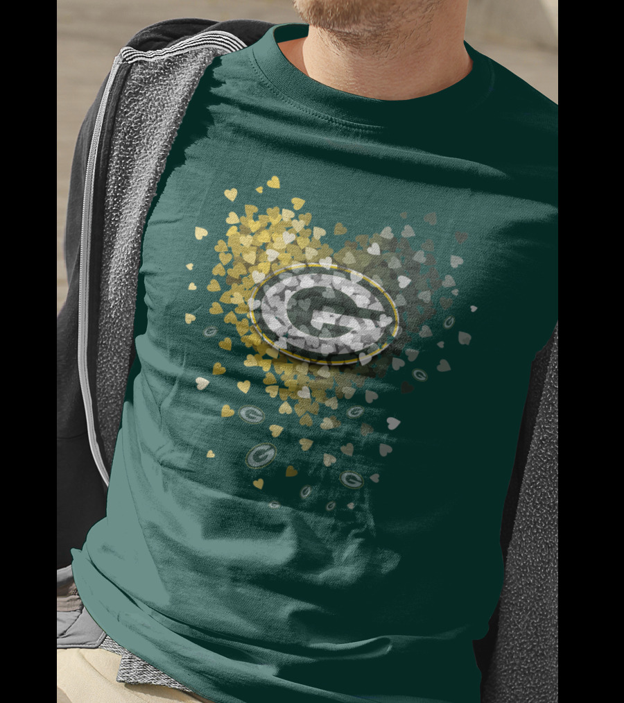 Green Bay Packers Heart Logo With Golden Hearts And Green T-Shirt