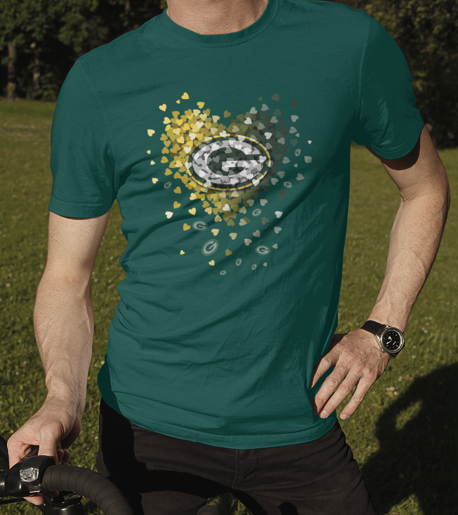 Green Bay Packers Heart Logo With Golden Hearts And Green T-Shirt