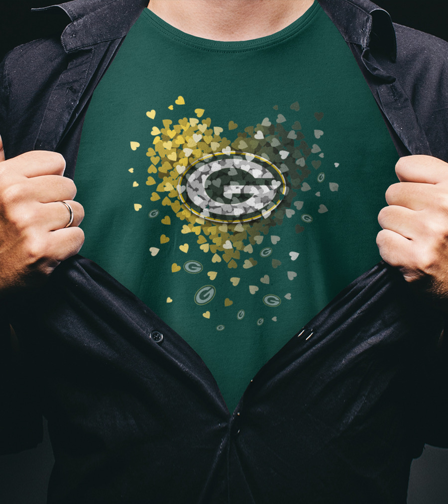 Green Bay Packers Heart Logo With Golden Hearts And Green T-Shirt