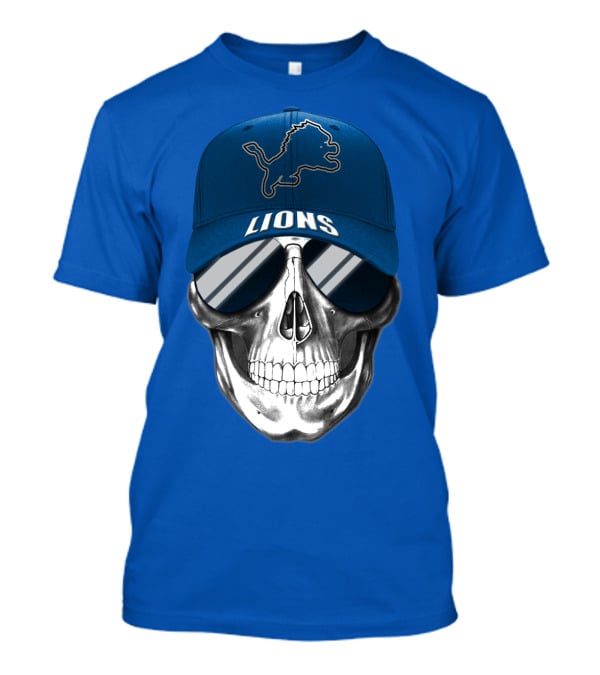 Detroit Lions Skull With Blue Cap And Sunglasses T-Shirt