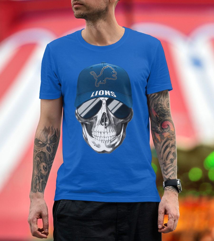 Detroit Lions Skull With Blue Cap And Sunglasses T-Shirt