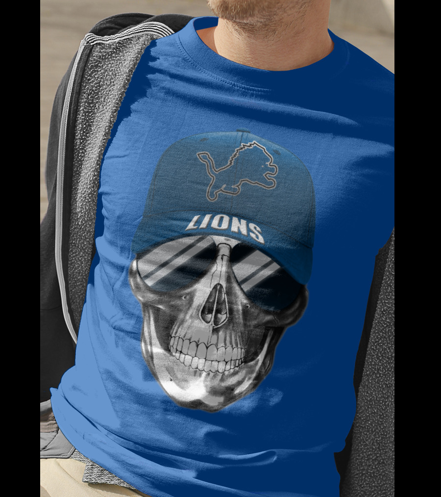 Detroit Lions Skull With Blue Cap And Sunglasses T-Shirt