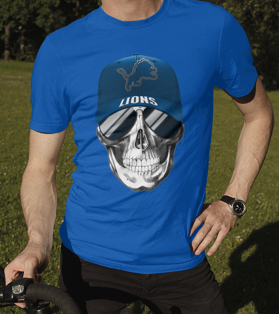 Detroit Lions Skull With Blue Cap And Sunglasses T-Shirt