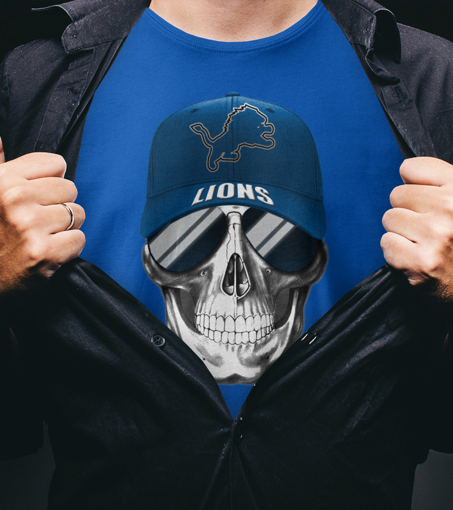 Detroit Lions Skull With Blue Cap And Sunglasses T-Shirt