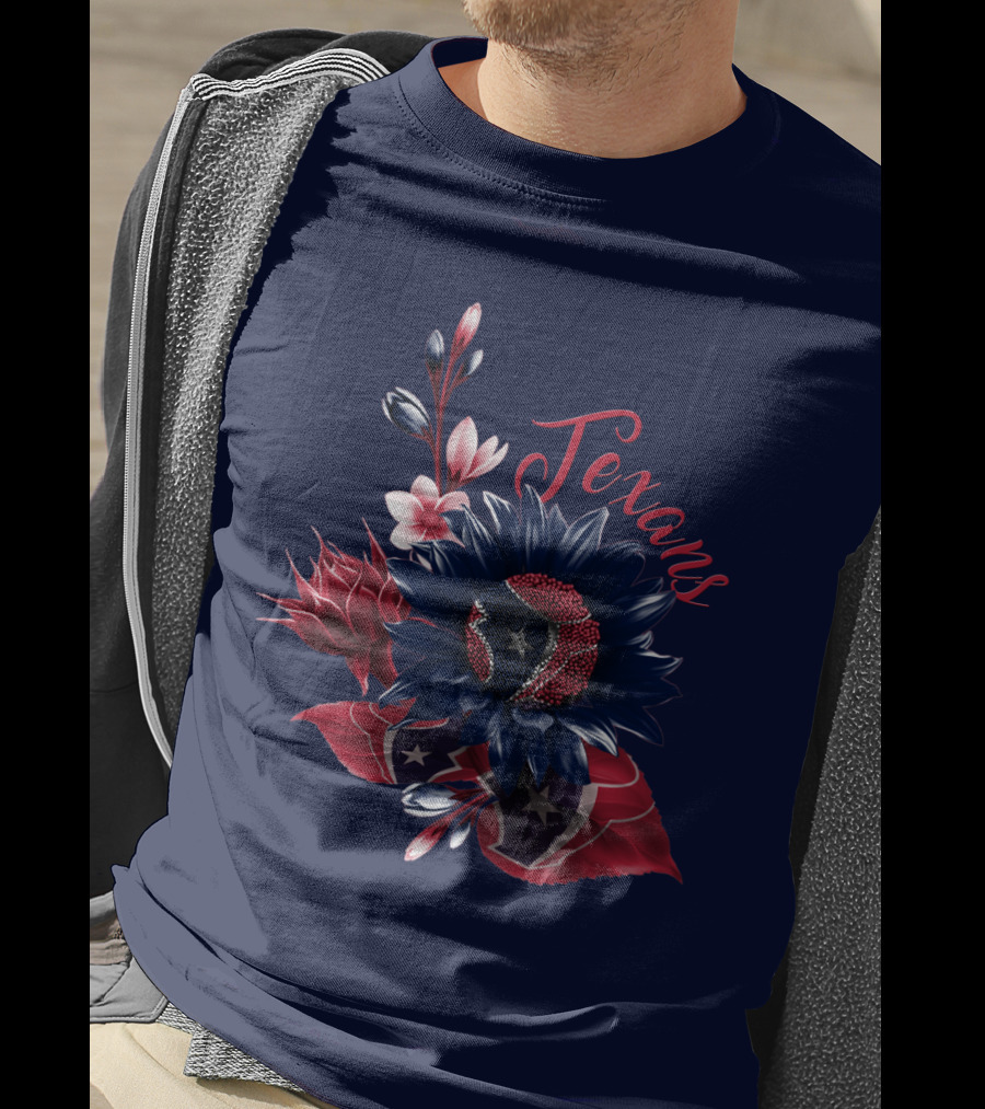 Houston Texans Blossom With Red White And Blue Star Accents T-Shirt