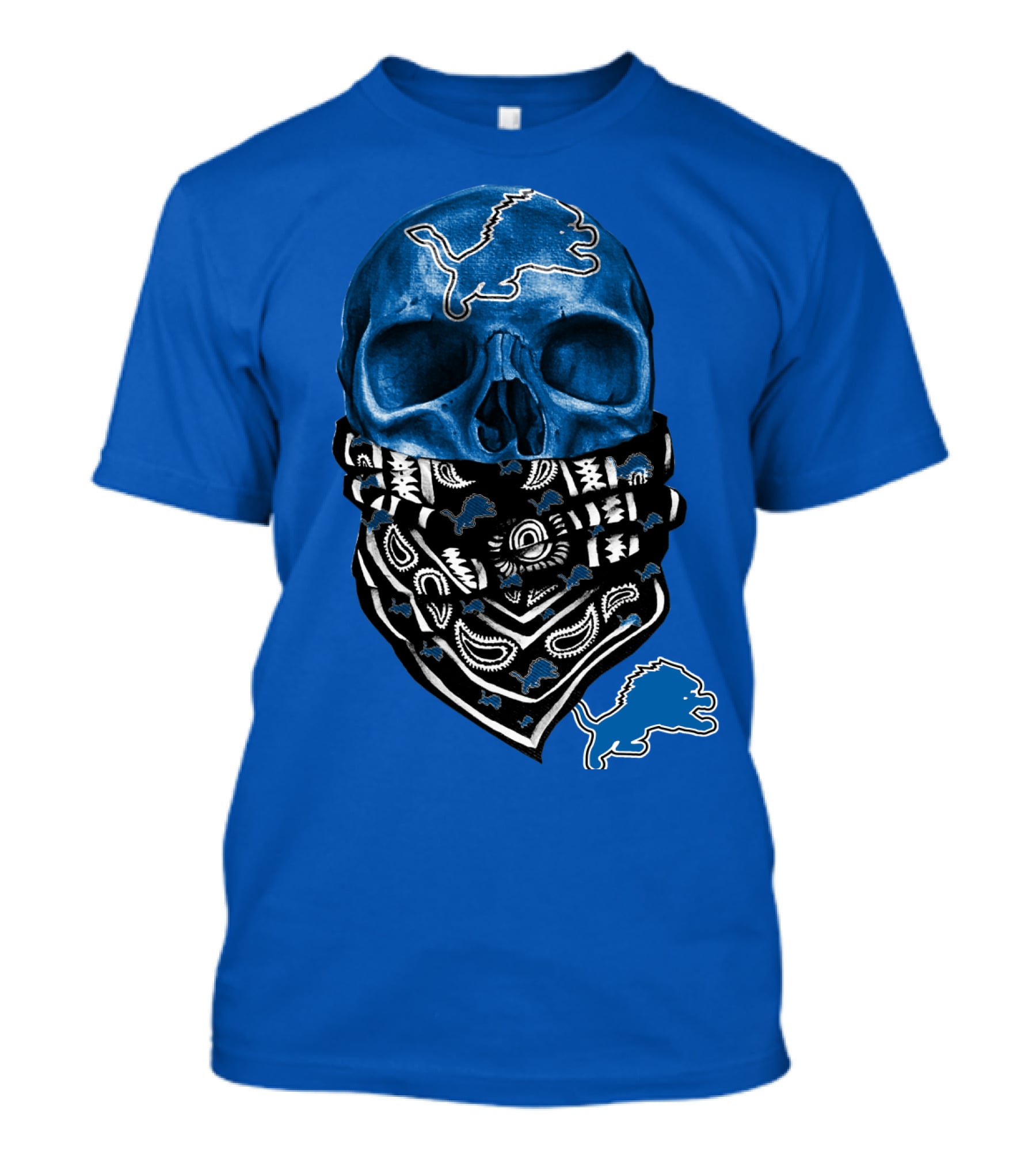Detroit Lions Blue Skull Bandana Icon With Nfl Team T-Shirt