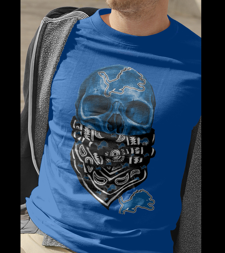 Detroit Lions Blue Skull Bandana Icon With Nfl Team T-Shirt