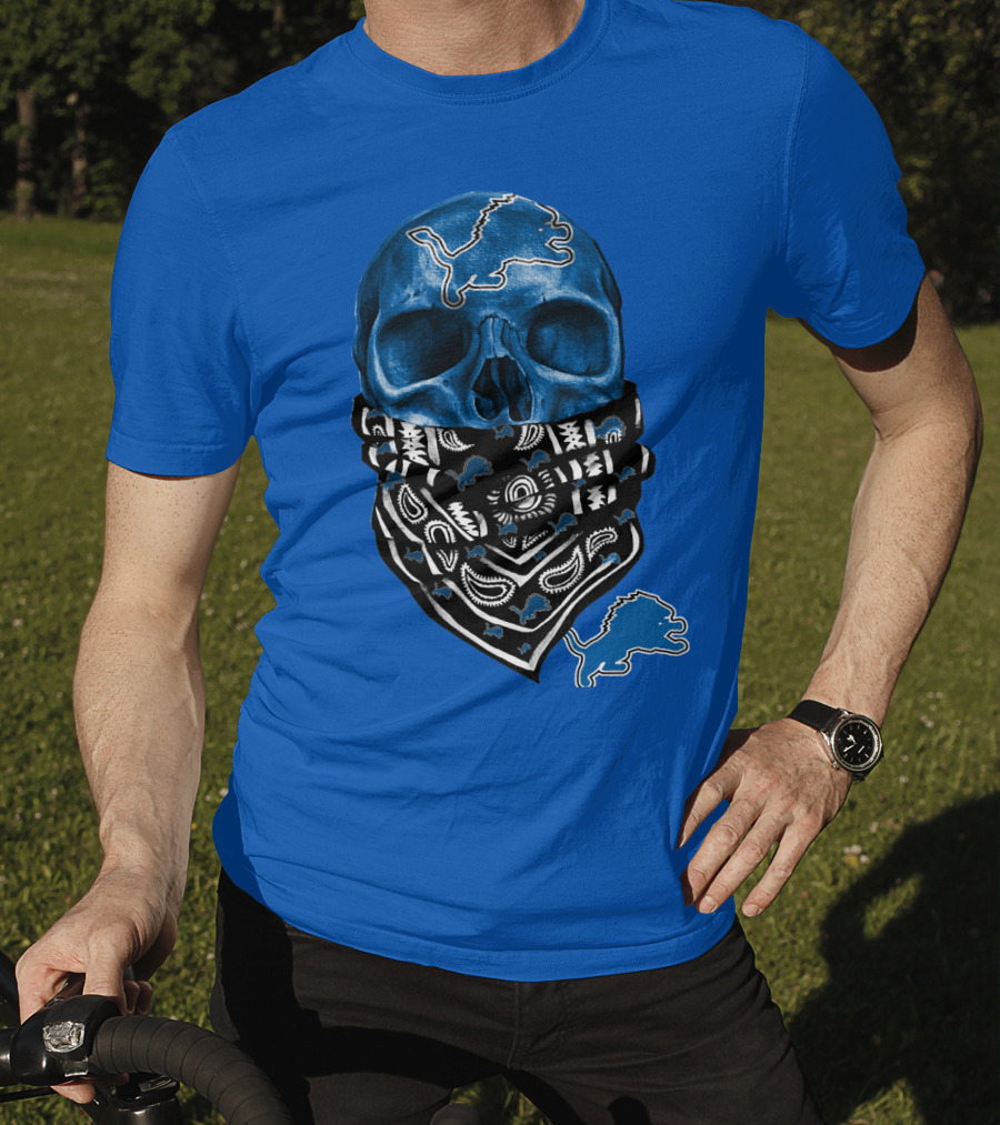 Detroit Lions Blue Skull Bandana Icon With Nfl Team T-Shirt