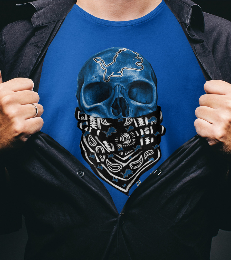 Detroit Lions Blue Skull Bandana Icon With Nfl Team T-Shirt