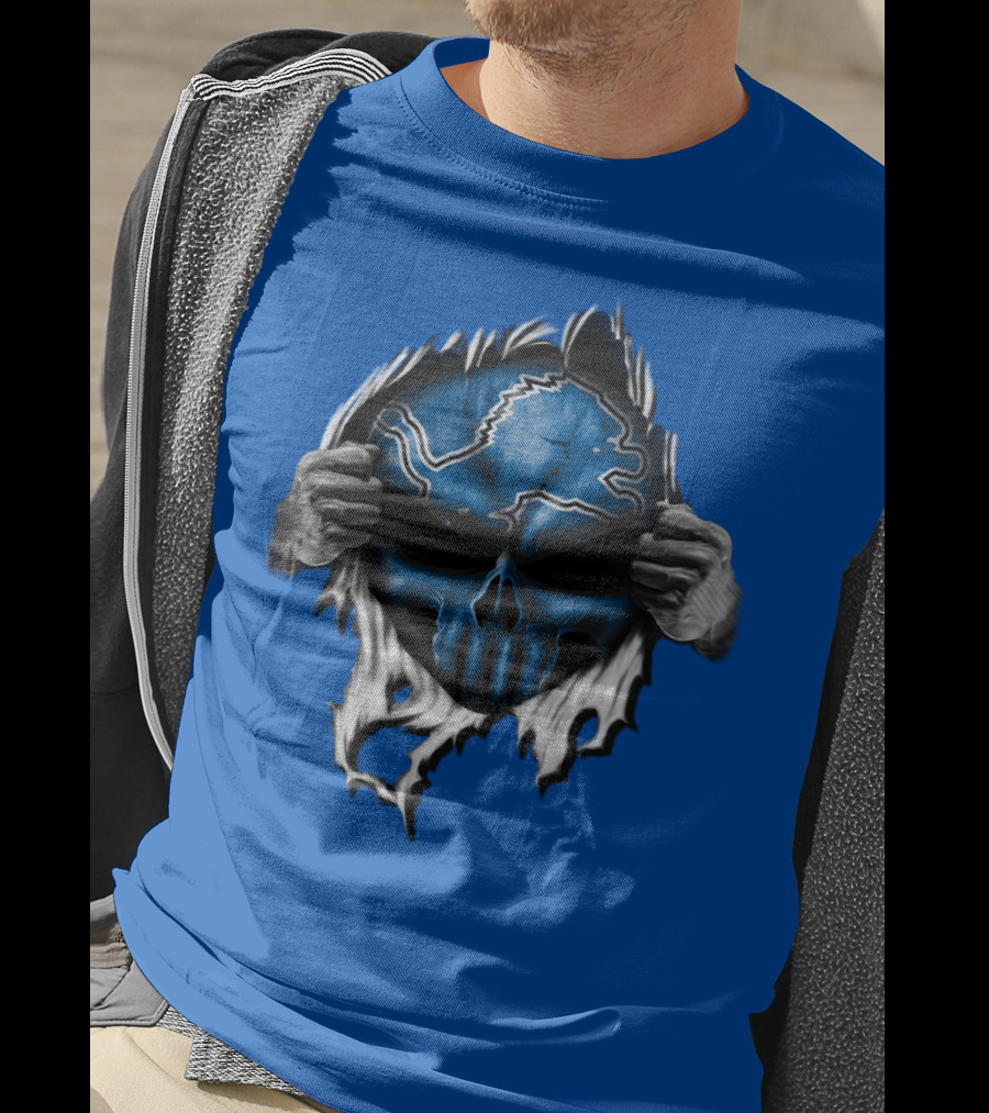 Detroit Lions Skull Design Blue Ripped Background T-Shirt