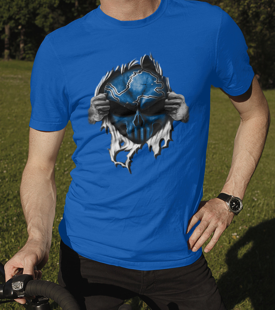 Detroit Lions Skull Design Blue Ripped Background T-Shirt