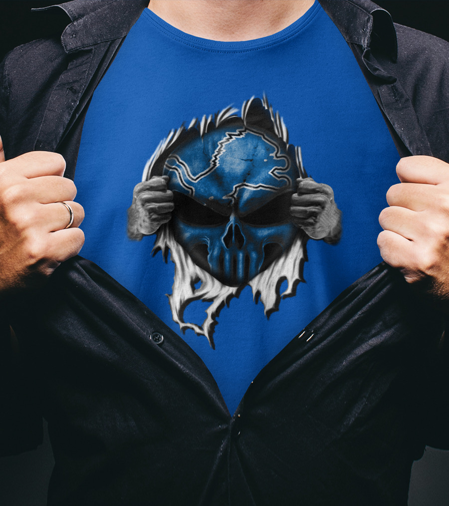 Detroit Lions Skull Design Blue Ripped Background T-Shirt