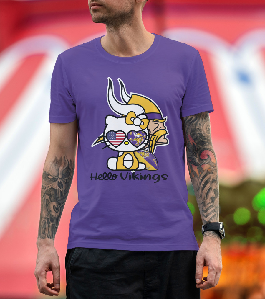 Hello Vikings Minnesota Vikings Fan Art Purple Football Kitty T-Shirt