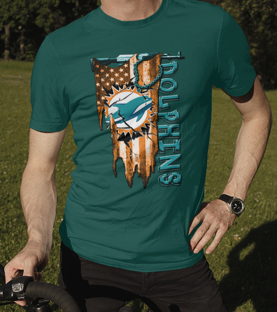 Miami Dolphins Flag And Logo Style With Stars And Stripes T-Shirt