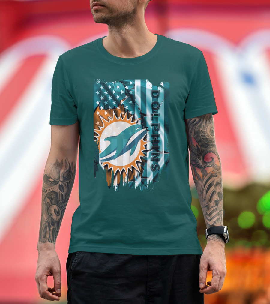 Miami Dolphins American Flag Sunburst Ocean Wave T-Shirt
