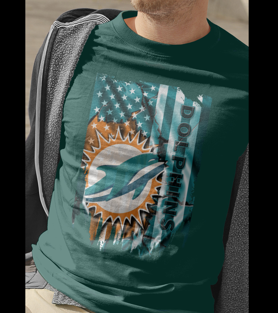 Miami Dolphins American Flag Sunburst Ocean Wave T-Shirt