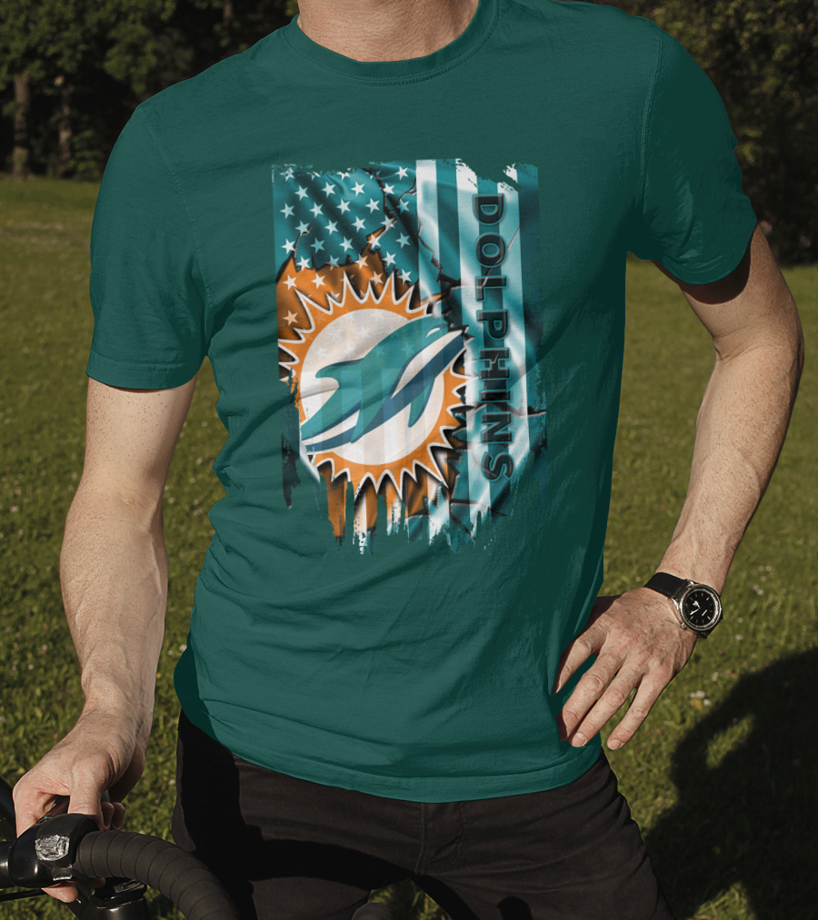 Miami Dolphins American Flag Sunburst Ocean Wave T-Shirt