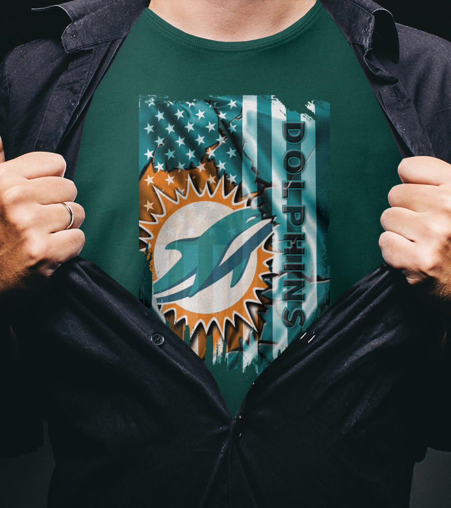 Miami Dolphins American Flag Sunburst Ocean Wave T-Shirt
