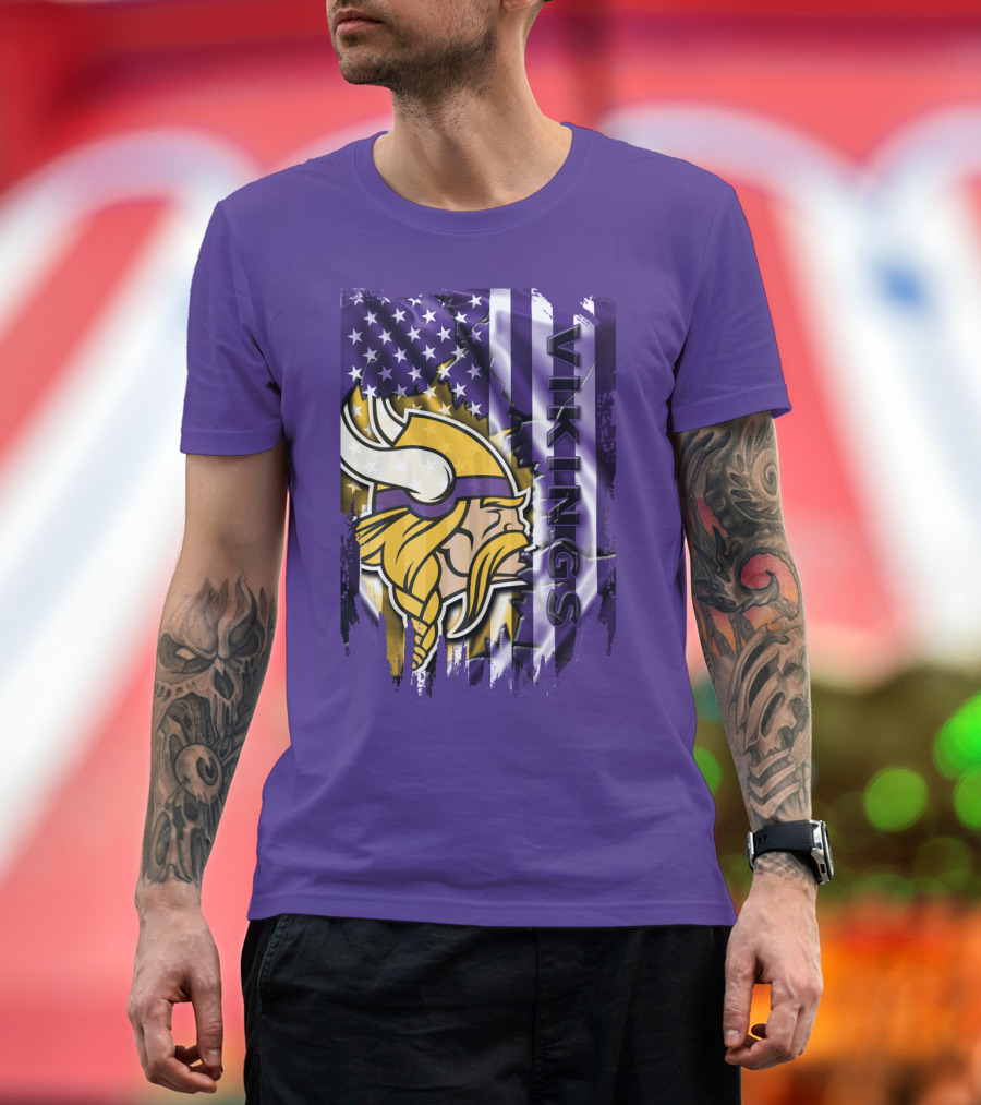 Minnesota Vikings American Flag Stars Stripes Purple Gold Viking Head T-Shirt