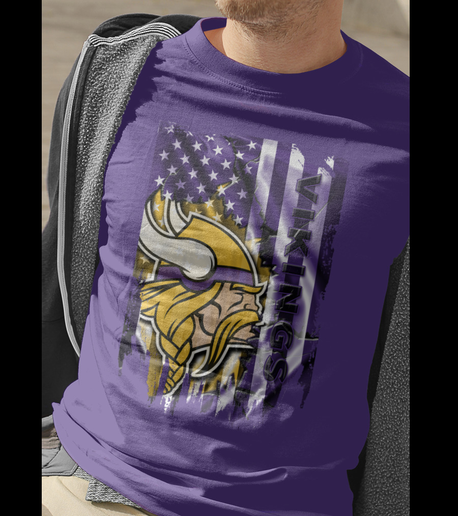 Minnesota Vikings American Flag Stars Stripes Purple Gold Viking Head T-Shirt