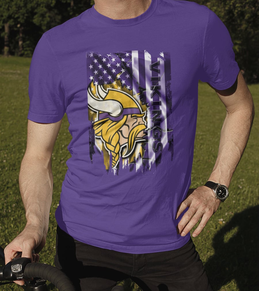 Minnesota Vikings American Flag Stars Stripes Purple Gold Viking Head T-Shirt