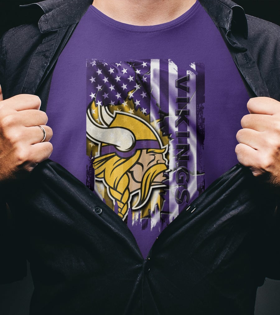 Minnesota Vikings American Flag Stars Stripes Purple Gold Viking Head T-Shirt