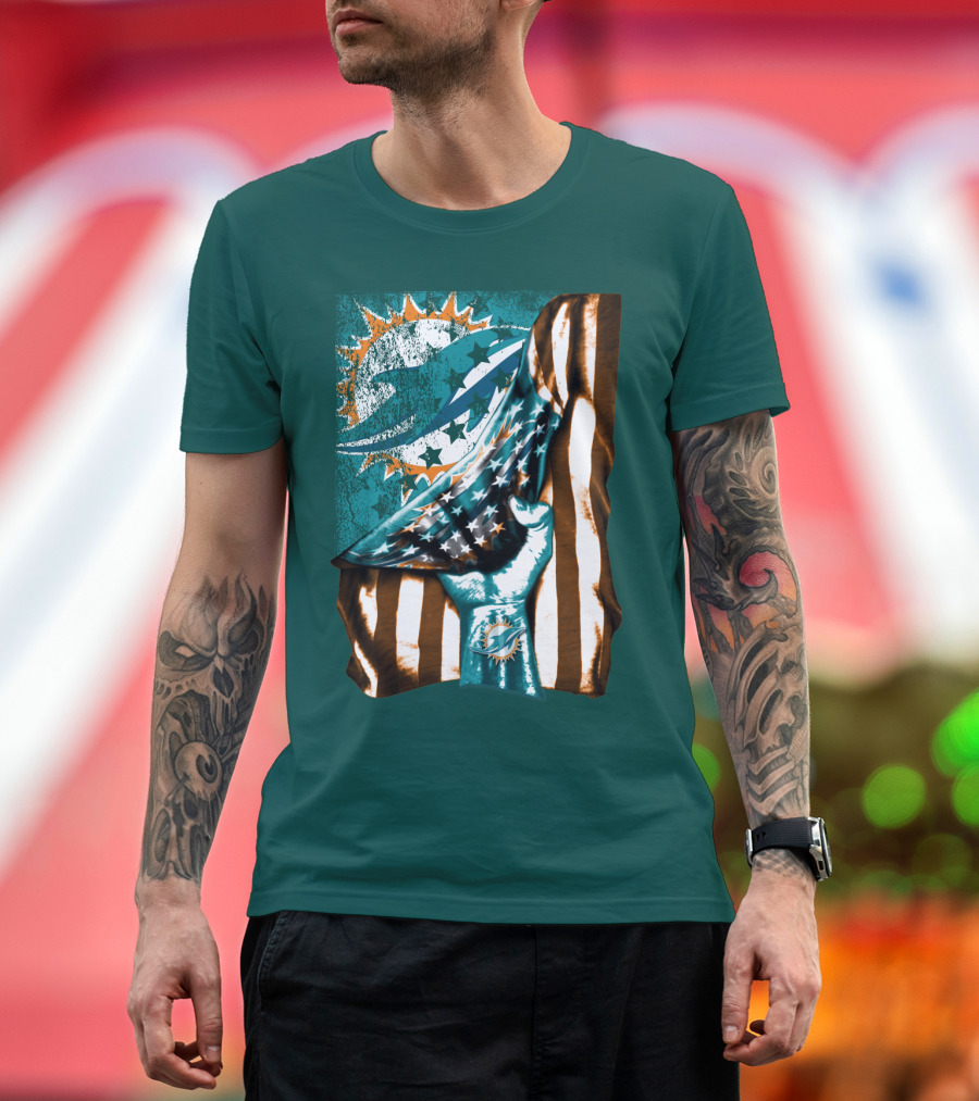 Miami Dolphins American Flag Hand Holding T-Shirt