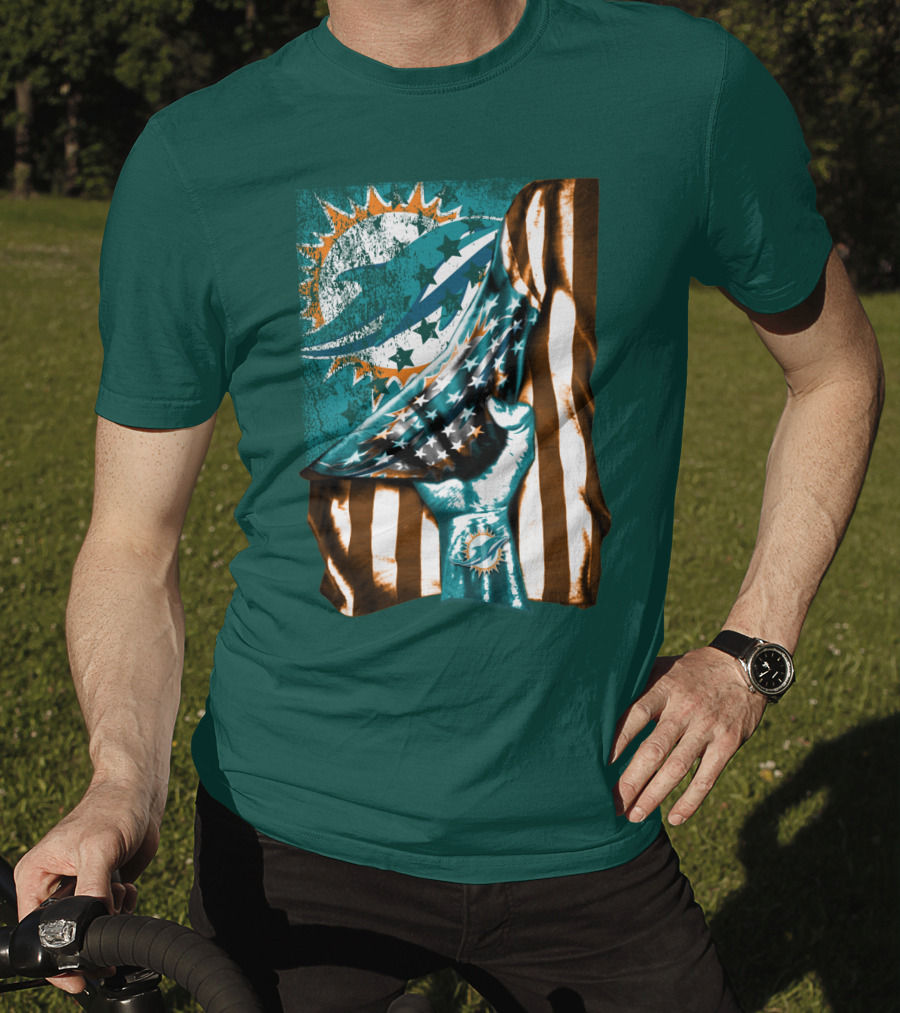 Miami Dolphins American Flag Hand Holding T-Shirt