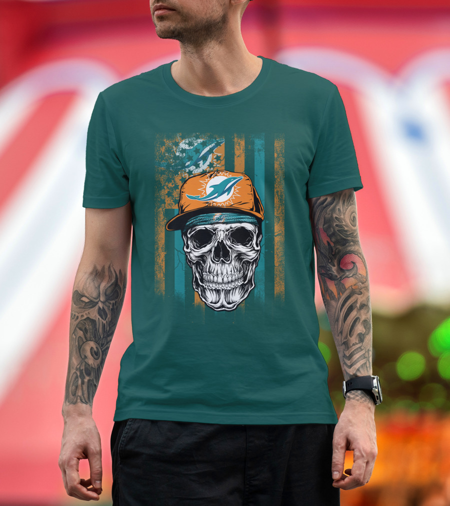 Miami Dolphins Skull With Cap And Logo In Orange And Teal Grunge Style T-Shirt