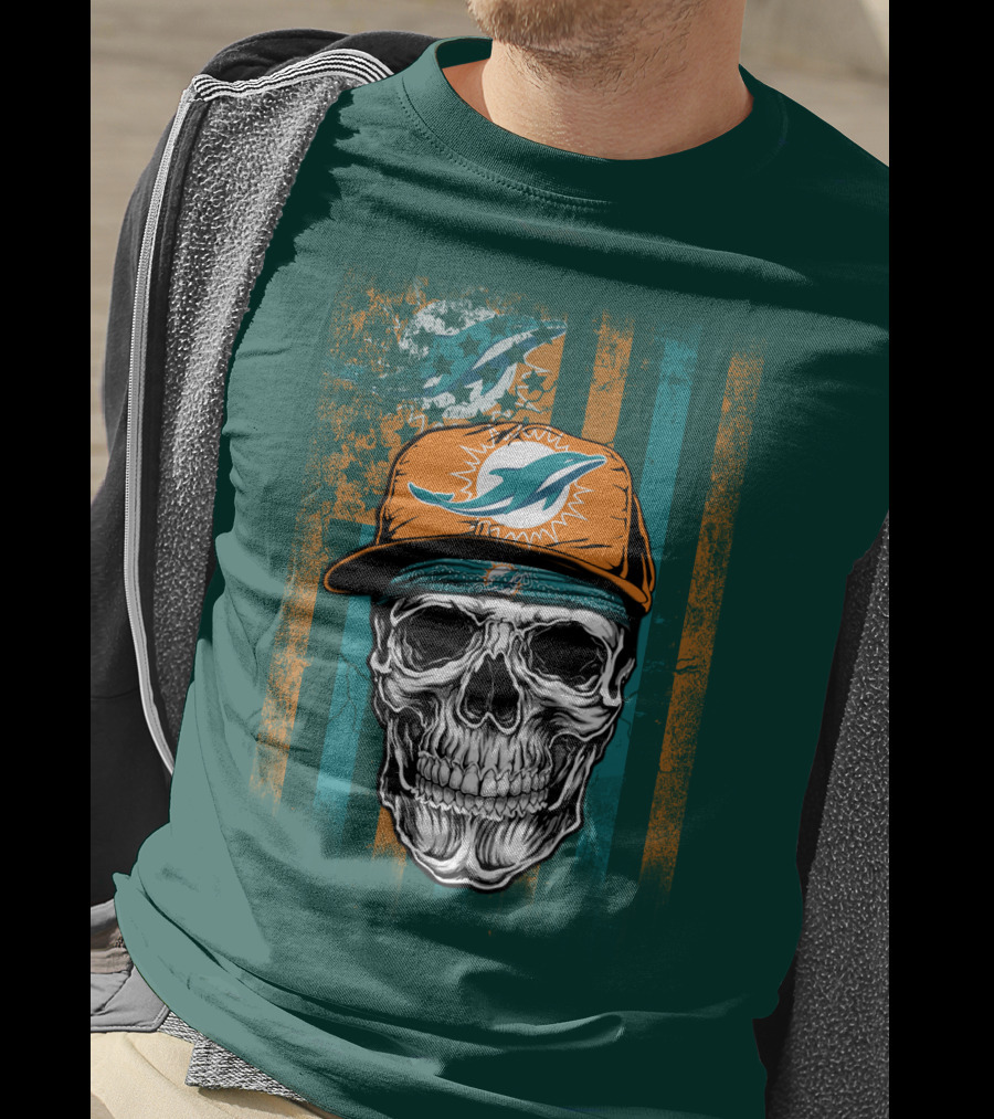 Miami Dolphins Skull With Cap And Logo In Orange And Teal Grunge Style T-Shirt