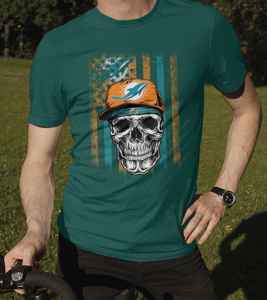 Miami Dolphins Skull With Cap And Logo In Orange And Teal Grunge Style T-Shirt