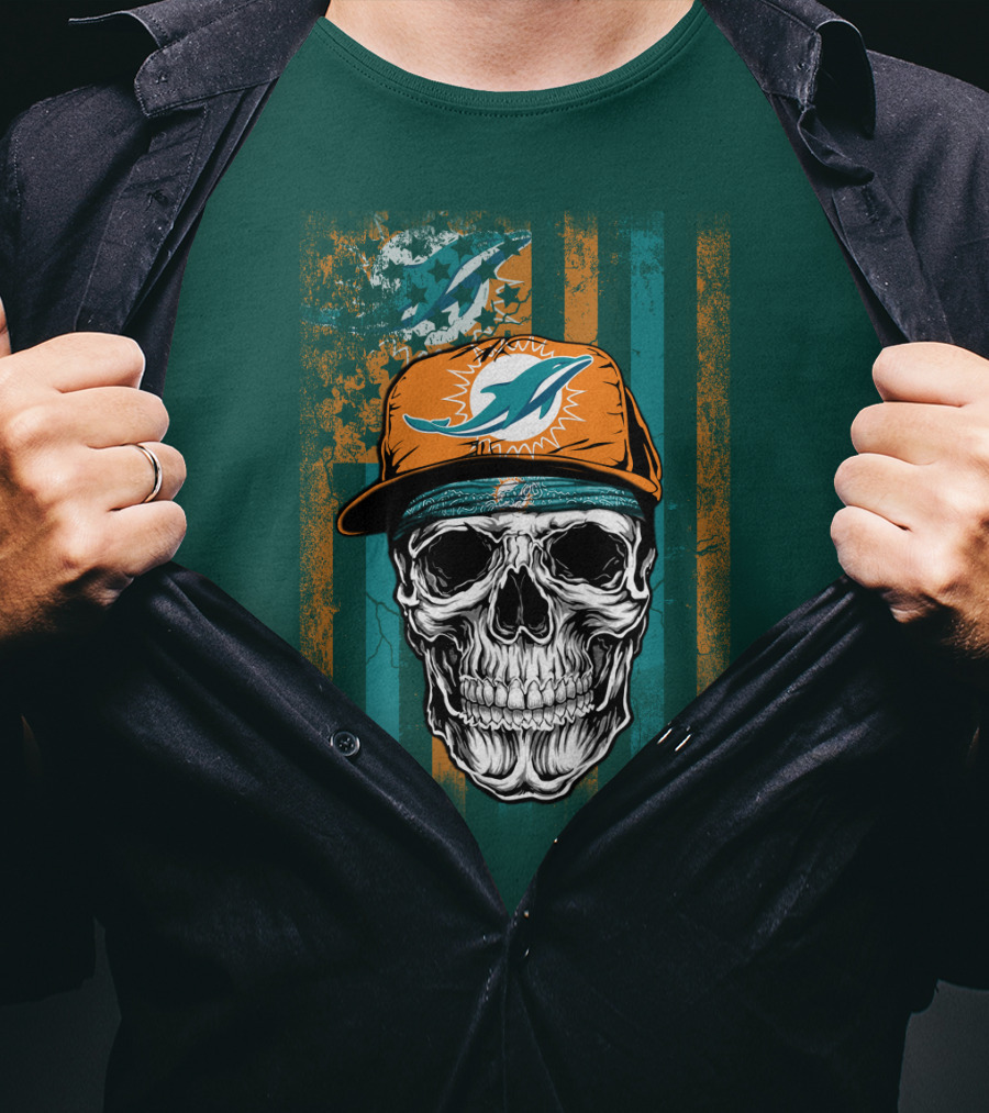 Miami Dolphins Skull With Cap And Logo In Orange And Teal Grunge Style T-Shirt
