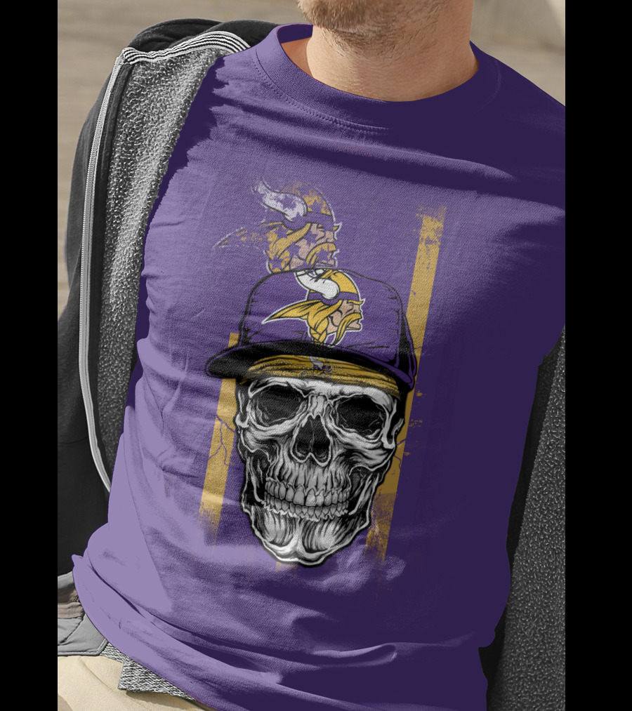 Minnesota Vikings Skull With Cap And Logo On Purple T-Shirt