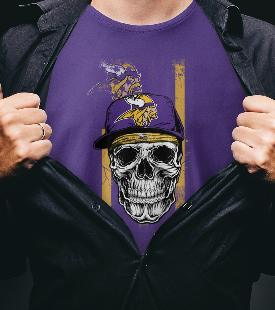 Minnesota Vikings Skull With Cap And Logo On Purple T-Shirt