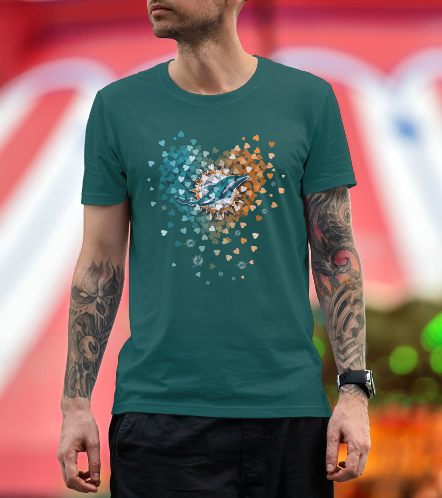 Miami Dolphins Heart Logo With Multicolor Hearts T-Shirt