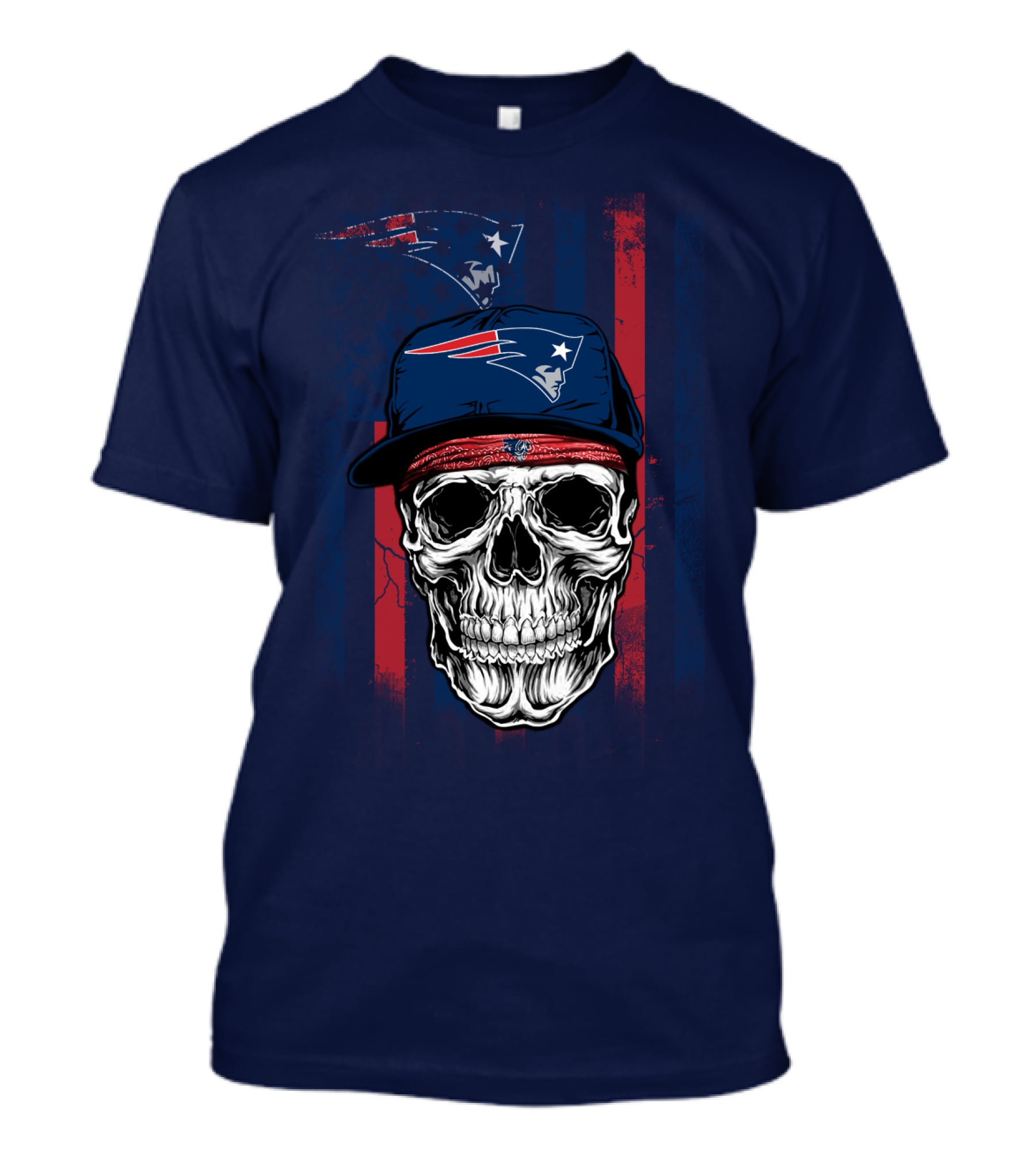 New England Patriots Skull With Cap And Red Blue Stripes T-Shirt