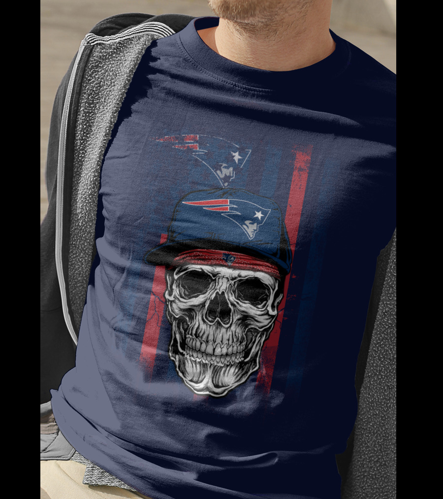New England Patriots Skull With Cap And Red Blue Stripes T-Shirt