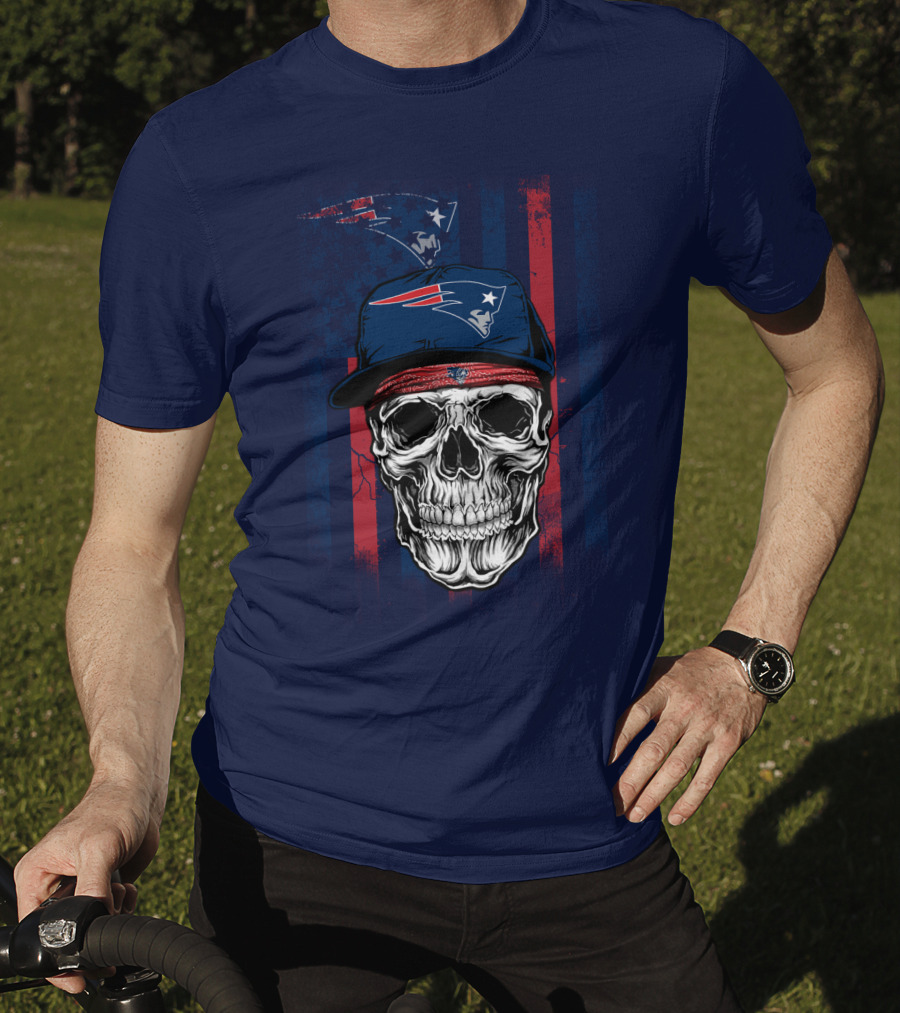 New England Patriots Skull With Cap And Red Blue Stripes T-Shirt